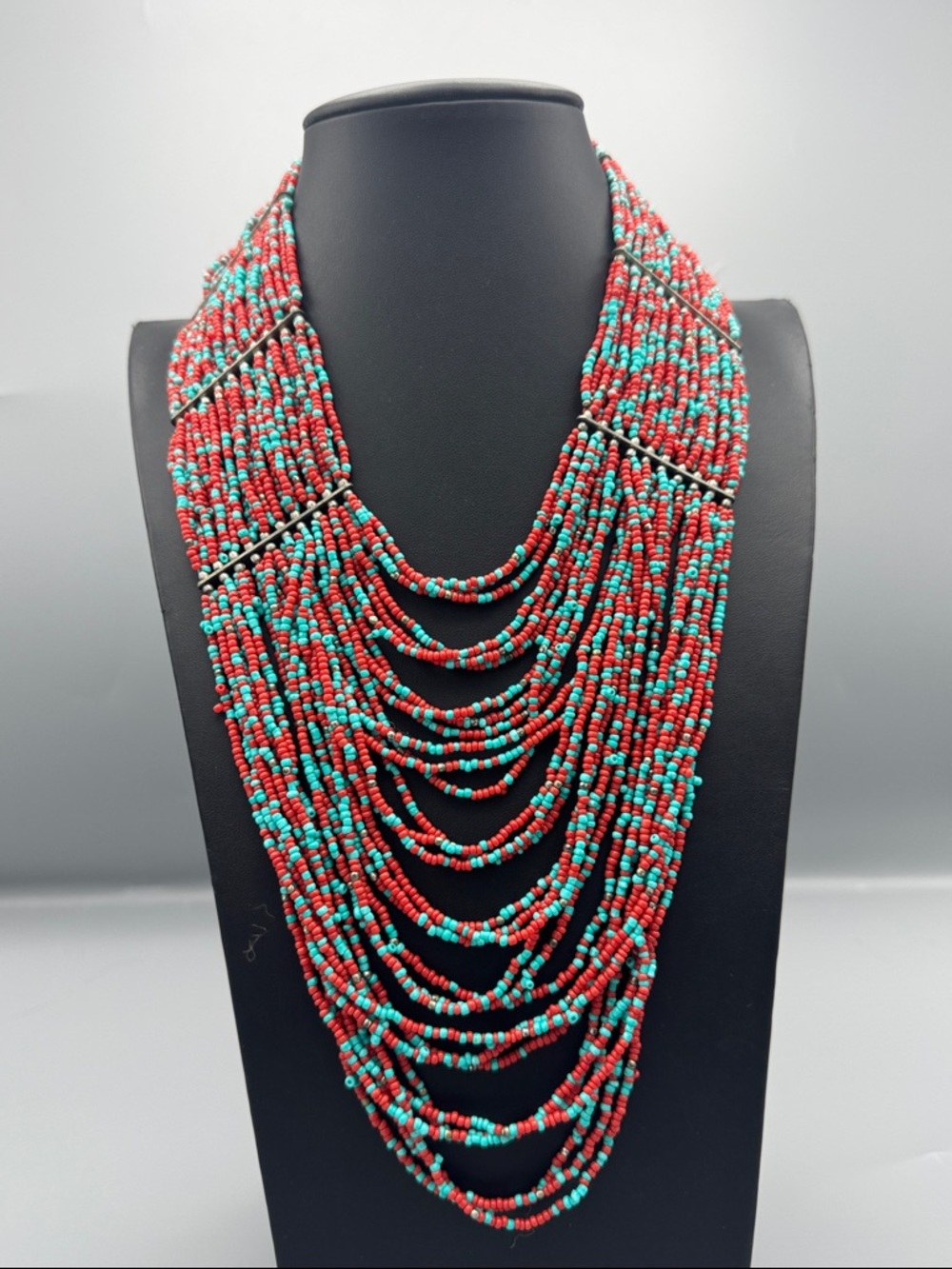 Multi-Strand Red & Turquoise Beaded Statement Necklace